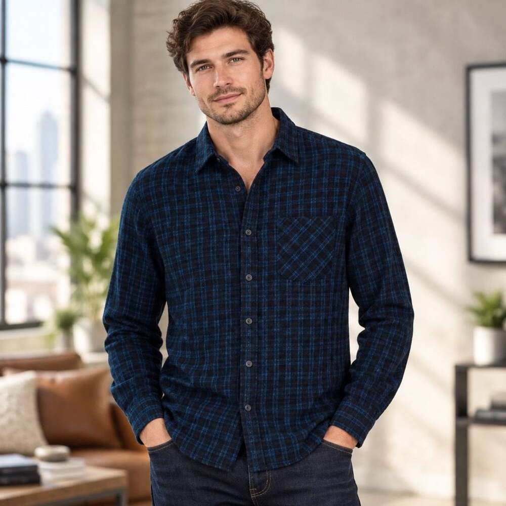 Boston Traders Plaid Corduroy Shirt Size M Blue Black Cotton Long Sleeve